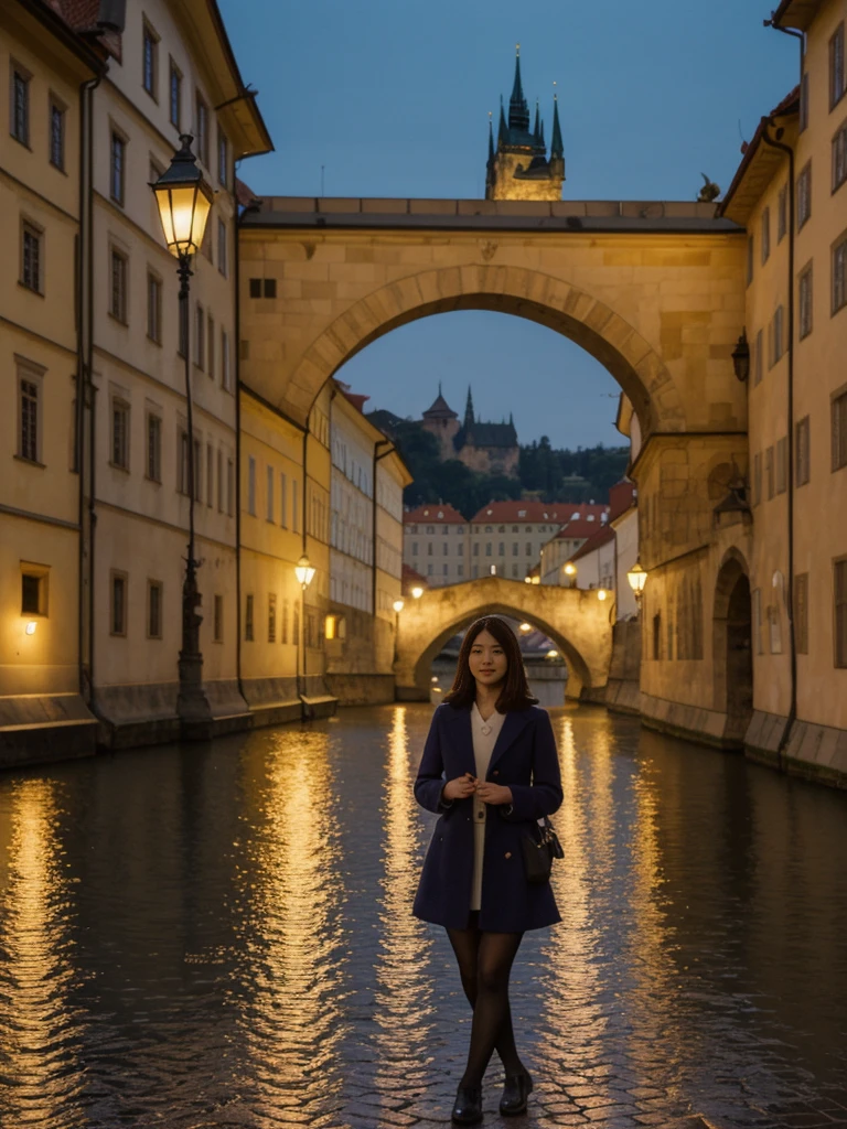 her name is Asako, high quality, 1girl, ((20-year-old fit Caucasian woman)), ((20 years old)), ((slim)), ((Korean Short Bob)), pose: standing, wearing Contemporary Generation-Z modern wear different colored, BACKGROUND: "On the Charles Bridge, with historic street lamps casting a glow over the Vltava River and Prague Castle illuminated in the distance."