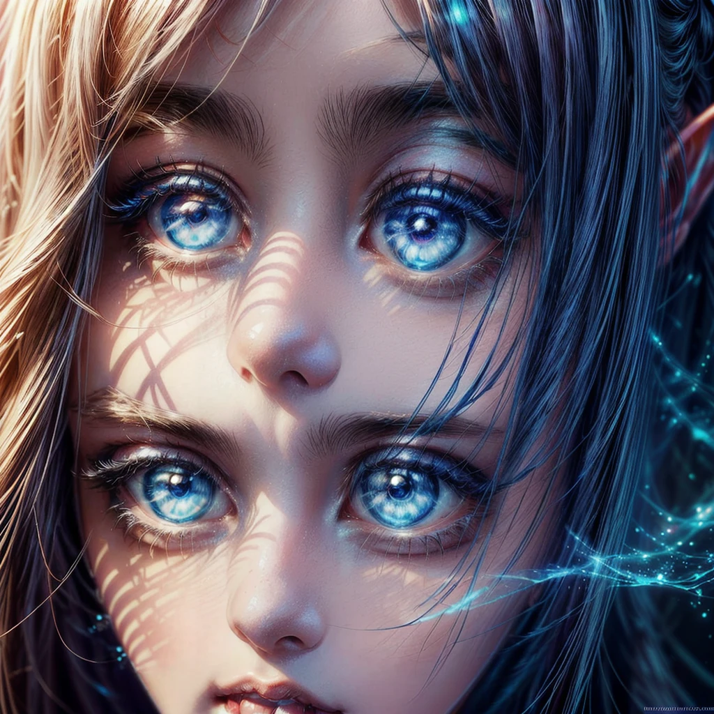a young woman with long blue hair hair and elf make-up stands in a stream, blushing, shy, sad, 4k fantasy art, blue glow eyes, close up, detailed fantasy digital art, hyper-realistic fantasy art, Realistic fantasy artwork, beautiful fantasy art, HD-Fantasy-Kunst, detailed fantasy art, realistic fantasy painting, very beautiful fantasy art, digital art fantasy art, 4k highly detailed digital art, Detailed digital art in 4K, amazing fantasy art