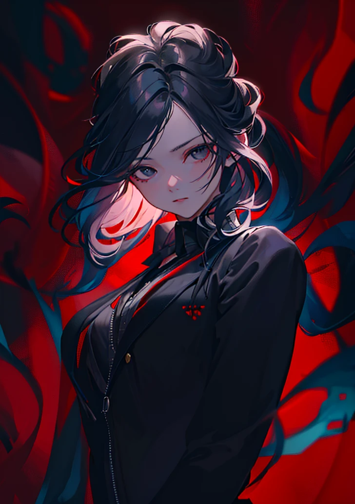 beautiful woman in business suit, long black hair, black eyes, looking at viewer, red background with details supernatural, macabre, supernatural creatures, intricate details, hyperrealistic, 8k, octane render, chiaroscuro lighting, cinematic composition, dramatic atmosphere, digital art