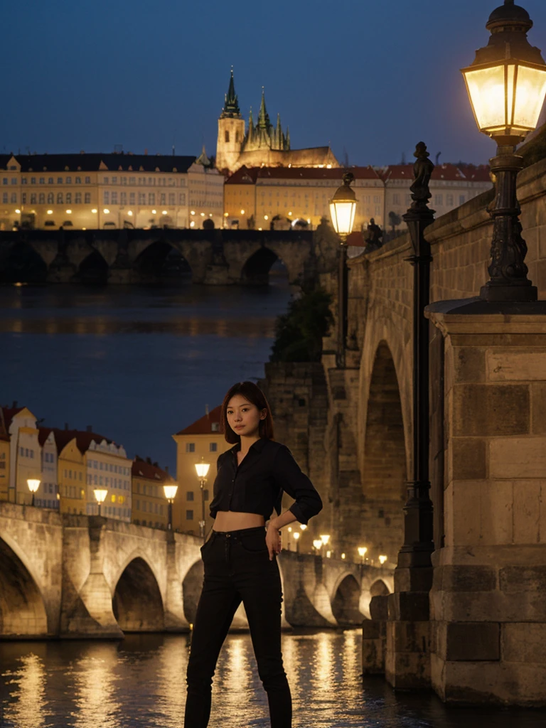 her name is Asako, high quality, 1girl, ((20-year-old fit Caucasian woman)), ((20 years old)), ((slim)), ((Korean Short Bob)), pose: standing, wearing Contemporary Generation-Z modern wear different colored, BACKGROUND:"On the Charles Bridge, with historic street lamps casting a glow over the Vltava River and Prague Castle illuminated in the distance."