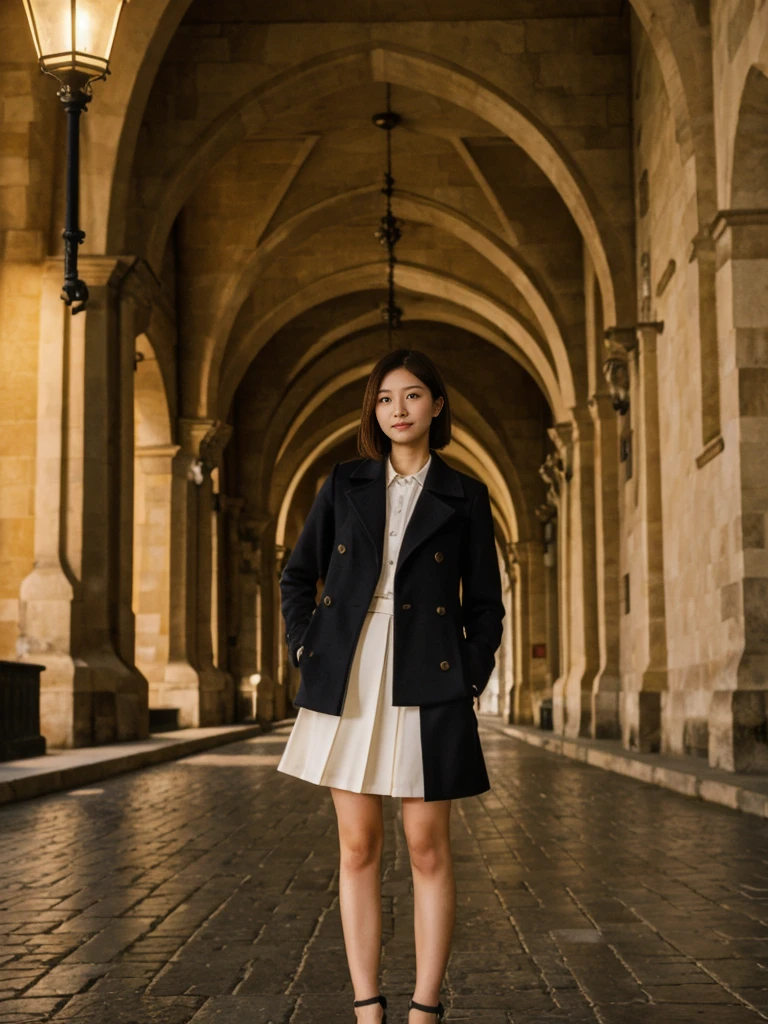 her name is Asako, high quality, 1girl, ((20-year-old fit Caucasian woman)), ((20 years old)), ((slim)), ((Korean Short Bob)), pose: standing, wearing Contemporary Generation-Z modern wear different colored, BACKGROUND:"On the Charles Bridge, with historic street lamps casting a glow over the Vltava River and Prague Castle illuminated in the distance."