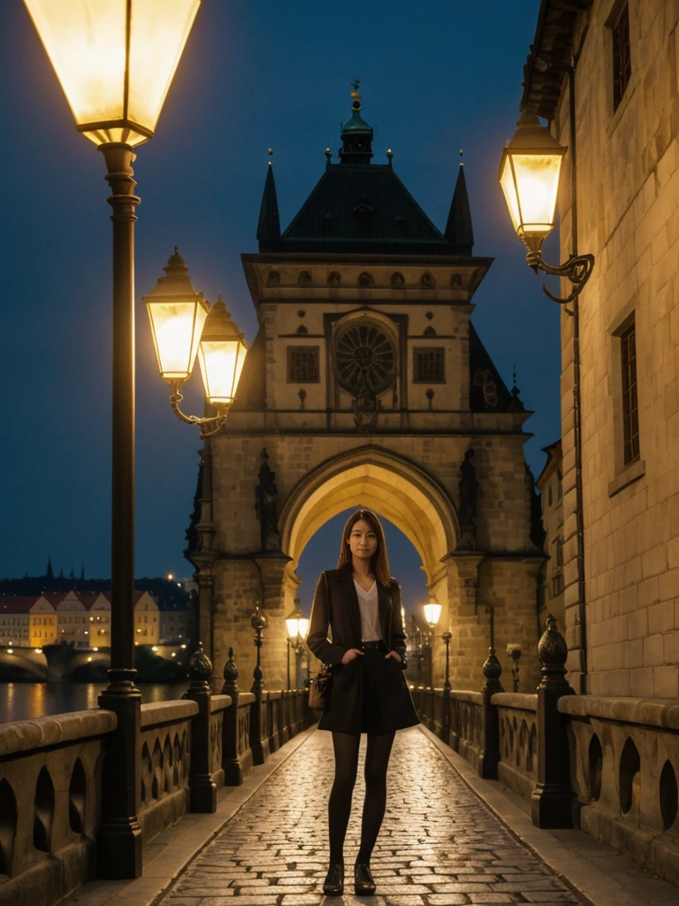 her name is Asako, high quality, 1girl, ((20-year-old fit Caucasian woman)), ((20 years old)), ((slim)), ((Korean Short Bob)), pose: standing, wearing Contemporary Generation-Z modern wear different colored, BACKGROUND:"On the Charles Bridge, with historic street lamps casting a glow over the Vltava River and Prague Castle illuminated in the distance."