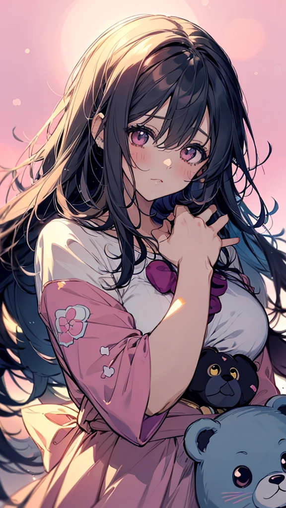 Close-up of a person holding a teddy bear against a pink background, Decora style illustrations, Cute art style, Cute girl anime visuals, Cute anime manga style, Anime art style, Pin on anime, beautiful Anime art style, Anime Moe Art Style, Anime Graphic Illustration, Anime atmosphere, Anime-style illustrations, Trending Anime Art, Anime Aesthetics