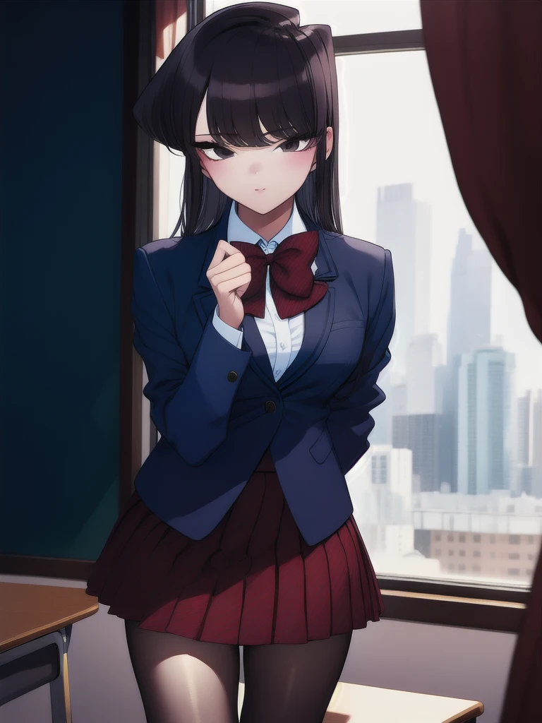 1girl, cowboy shot, classroom,
komi_shouko, black eyes, black hair, long hair, , red bowtie, jacket, blazer, long sleeves, striped, pleated skirt, red skirt, black pantyhose, best quality, masterpiece, highres,