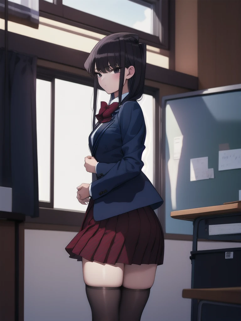 1girl, cowboy shot, classroom, 
komi_shouko, black eyes, black hair, long hair, , red bowtie, jacket, blazer, long sleeves, striped, pleated skirt, red skirt, black pantyhose,  best quality, masterpiece, highres, 