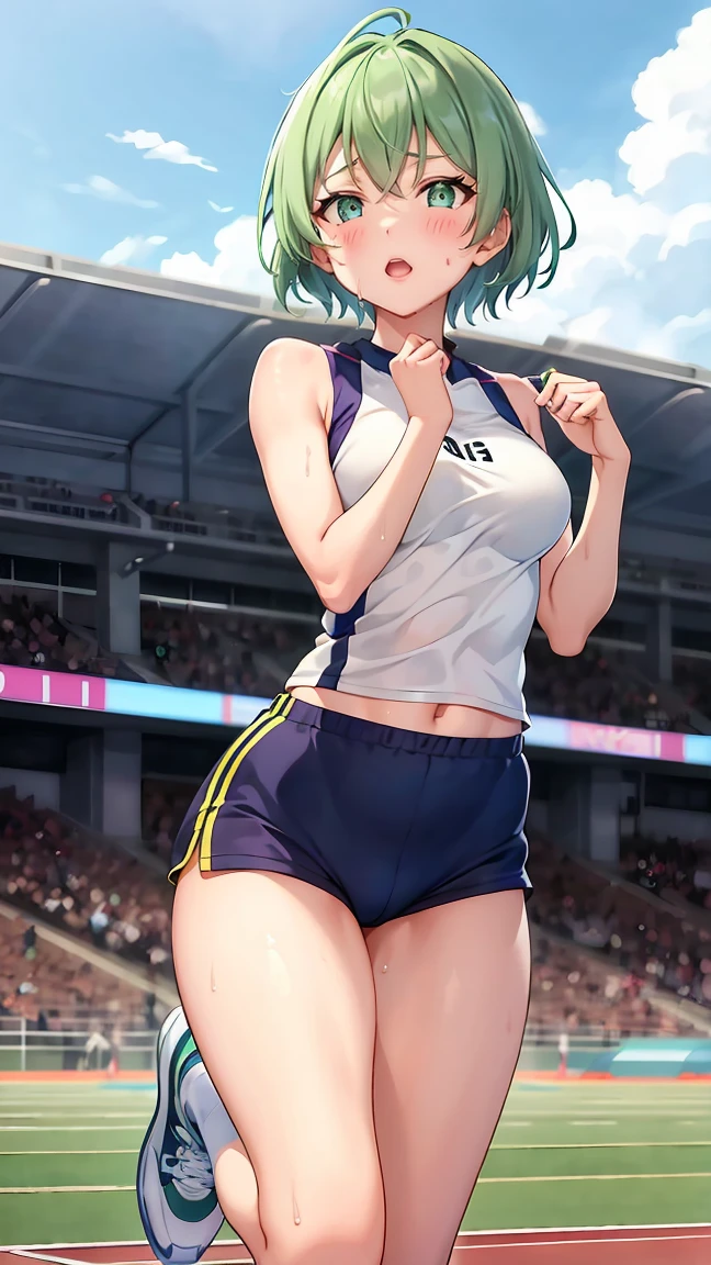 Girl with short green hair, Small size breasts,、Green Eyes, 、,Full body photo from head to toe、Track and field athlete、、、Uplifting、Leaning forward、、Pole Vault、Jump over the bar、A toned and toned body、Desperate、Sweat、Uplifting、A moving picture、Shorts、Full Strength、Jump、jump