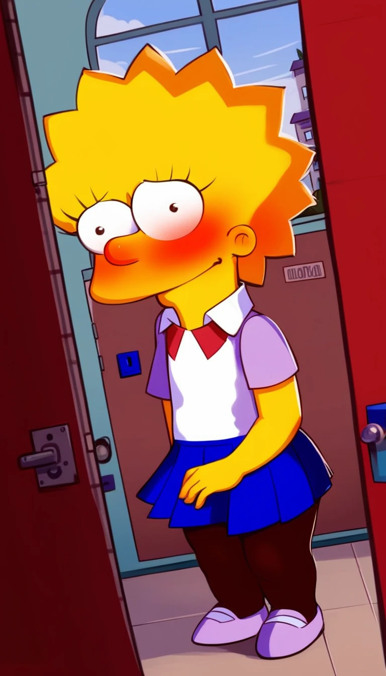 source_cartoon, (((1girl, solo, alone, lisa_simpson, short hair, flat chest, colored skin, yellow skin, shortstack))), looking at viewer, smile,
((( standing, red necktie, pantyhose, white shirt, blue skirt, collared shirt, pleated skirt, shy smile, blush, solo focus, window, locker, school, building, door ))),
sexy pose, dynamic pose, dynamic angle, cowboy shot,
indoor,