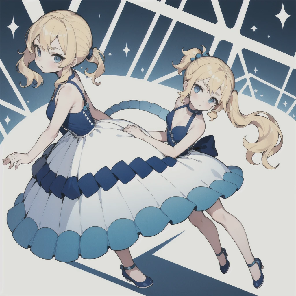 masterpiece, best quality, cute, ager
medium hair, blonde hair, wavy hair, side ponytail, blue eyes, dress, bare shoulders, flat breasts, White background, full body