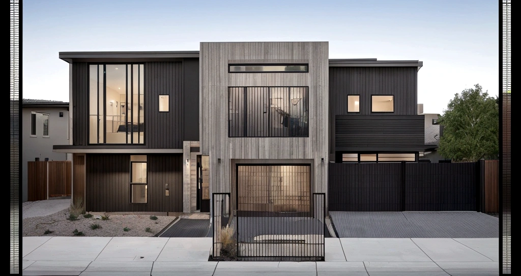 esign a modern two-story urban townhouse featuring a front facade with integrated pathways for pedestrians and vehicles, capturing the seamless flow of urban life, Realistic images, 8k, extremely high resolution