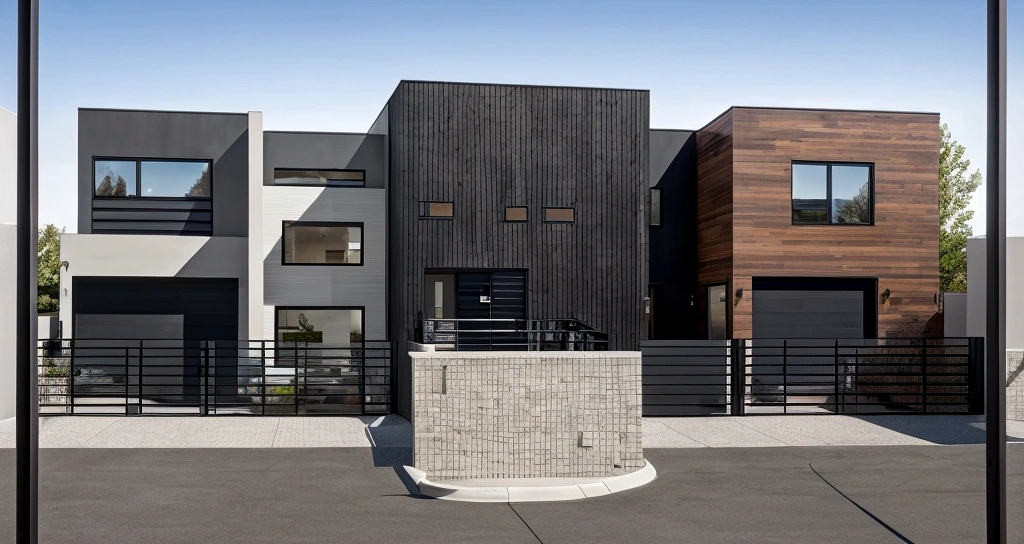esign a modern two-story urban townhouse featuring a front facade with integrated pathways for pedestrians and vehicles, capturing the seamless flow of urban life, Realistic images, 8k, extremely high resolution