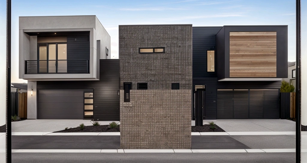 esign a modern two-story urban townhouse featuring a front facade with integrated pathways for pedestrians and vehicles, capturing the seamless flow of urban life, Realistic images, 8k, extremely high resolution