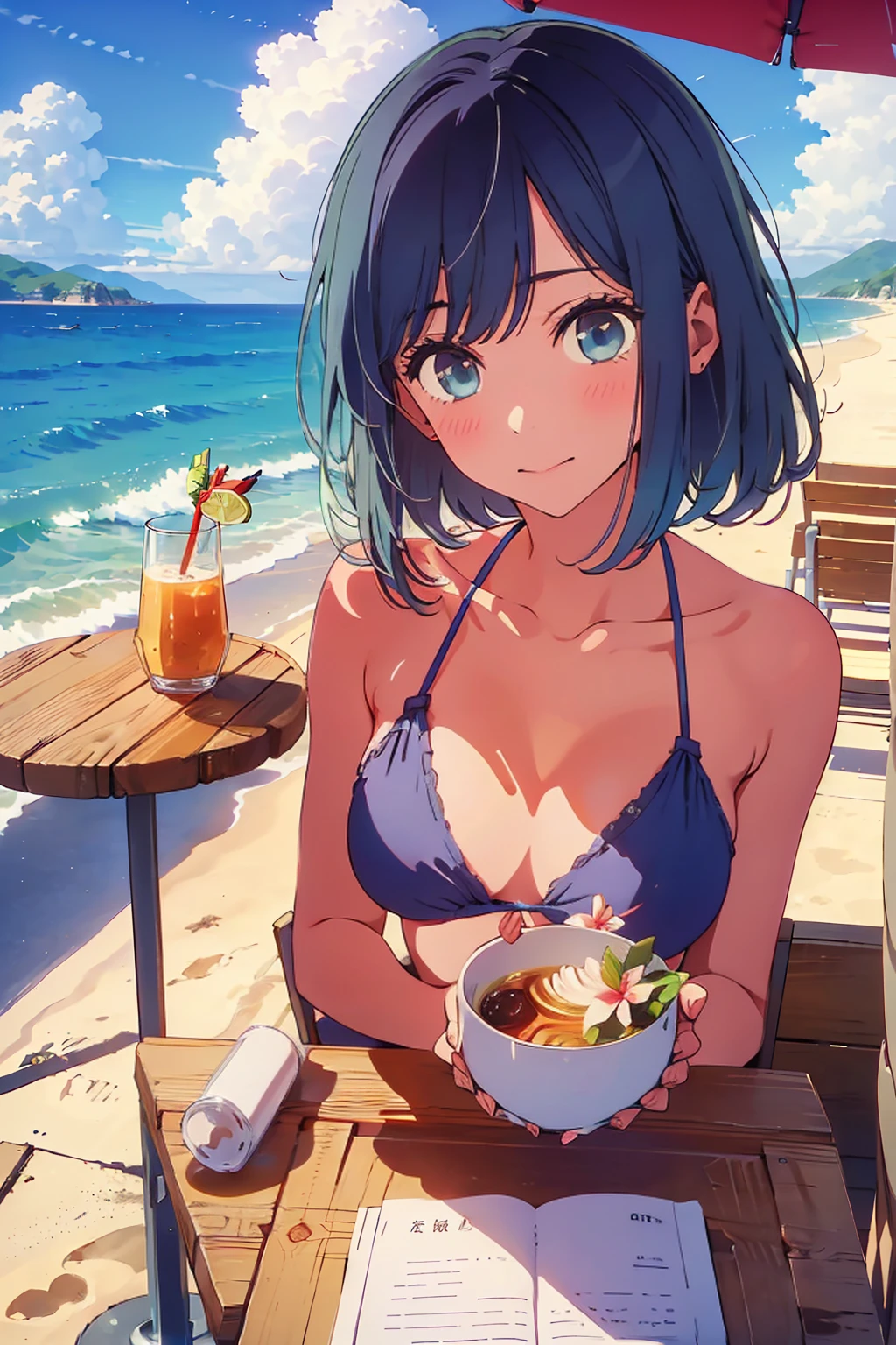 (Highest quality:1.4、masterpiece:1.4、Super detailed:1.4、8K:1.4)、((((1 person、Surprised expression、sit、Outdoor café terrace、coastal、juice、table、Sandy Beach、juiceのグラスを持つ、Plain Bikini、The depth of the written world、Very soft boobs、Big eyes、Very cute face))))、F cup bust、Medium breast