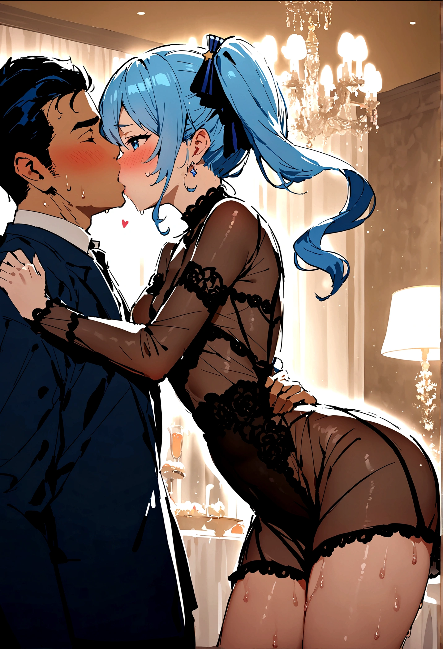 NSFW,masterpiece,Highest quality,High resolution,Super detailed,Star Town Suisei\(Hololive\),Blue Hair,One Side Ponytail,Blue Eyes,Small breasts,(High-quality see-through dress,silk),Estrus,smile,blush,(Sweat),Luxurious Room,Party Venue,chandelier,(Middle-aged men),A man puts his hands on her waist and hugs her,Having sex,Insert,Creampie,heart,From the side,Being spoiled,Physical contact,kiss