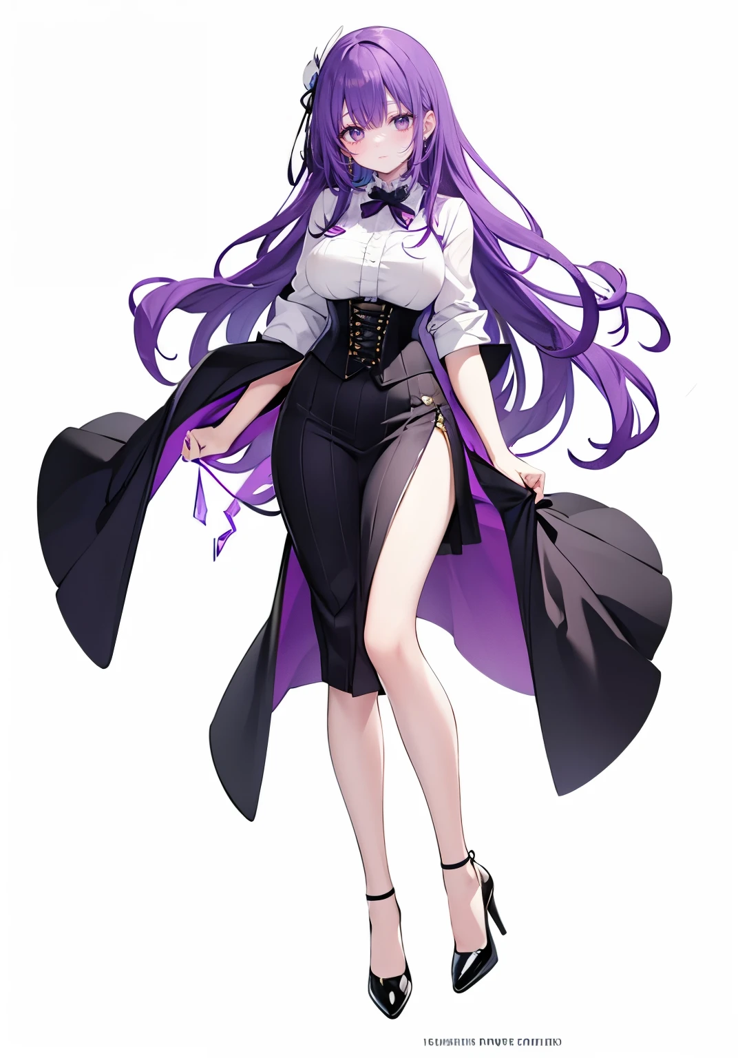 Purple Hair,long hair,Adult female,(suit),White Y-shirt,((Rolling up his sleeves)),(corset),(Black tight skirt),(High heels),Heels are visible,((Simple white background)),smile,((whole body)),((full body)),