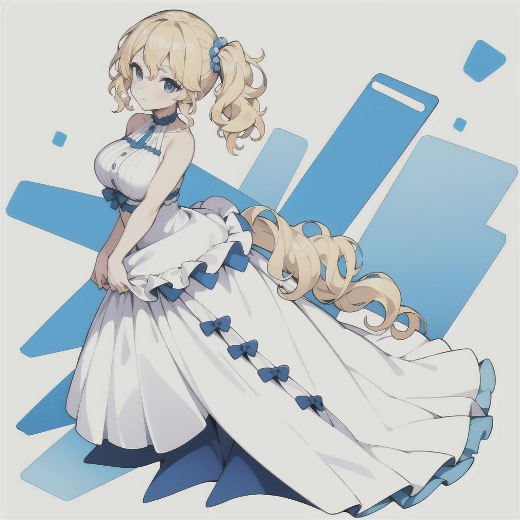 masterpiece, best quality, cute,
medium hair, blonde hair, wavy hair, side ponytail, blue eyes, dress, bare shoulders, big breasts, White background, full body