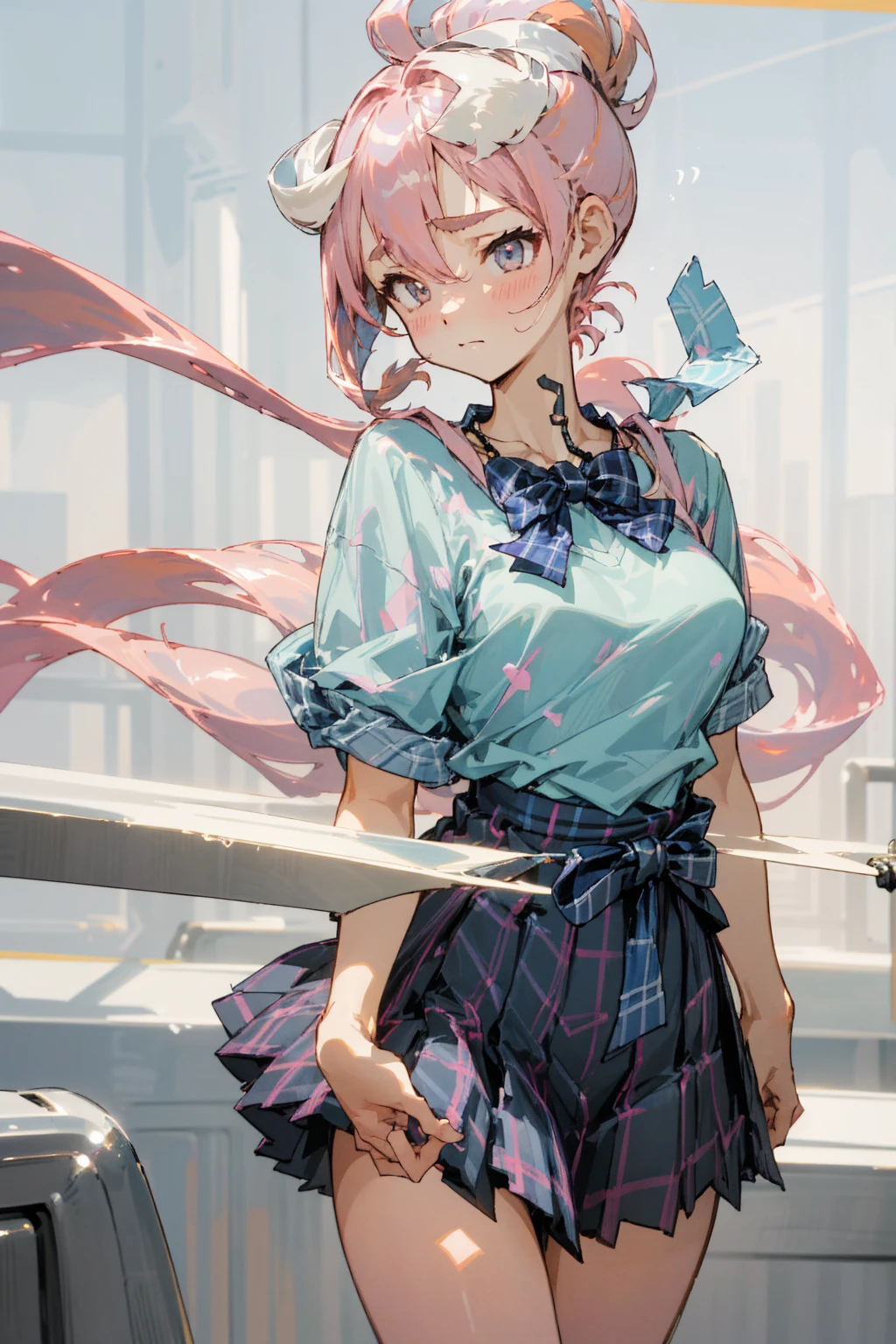 (masterpiece:1.2, best quality), (Practical, photoPractical:1.4), Fine quality illustrations,
Looking at the audience, whole body, Front view:0.6,
1 girl, Japanese, high School girl, ((Pompadour style:1.7, Pink Hair:1.3)), Blow dry hair, Bangs, Hair between the eyes, Medium breasts:1.8,
Beautiful hair, Beautiful and delicate eyes, Beautiful clavicle, Beautiful breasts, Beautiful thighs, Beautiful Feet, Beautiful fingers,
(Beautiful scenery), , School,
((Short-sleeved shirt with collar, White shirt, , Grey plaid pleated skirt, Blue plaid bow tie, Necklace)), White,
(Standing, Grab the hem of your skirt, 把Hand on胸前, Hand on, Lean forward),
blush
