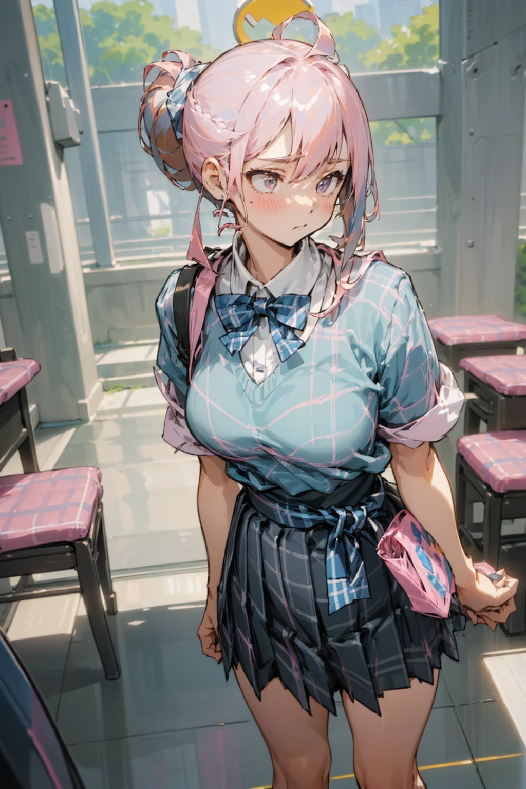 (masterpiece:1.2, best quality), (Practical, photoPractical:1.4), Fine quality illustrations,
Looking at the audience, whole body, Front view:0.6,
1 girl, Japanese, high School girl, ((Pompadour style:1.7, Pink Hair:1.3)), Blow dry hair, Bangs, Hair between the eyes, Medium breasts:1.8,
Beautiful hair, Beautiful and delicate eyes, Beautiful clavicle, Beautiful breasts, Beautiful thighs, Beautiful Feet, Beautiful fingers,
(Beautiful scenery), , School,
((Short-sleeved shirt with collar, White shirt, , Grey plaid pleated skirt, Blue plaid bow tie, Necklace)), White,
(Standing, Grab the hem of your skirt, 把Hand on胸前, Hand on, Lean forward),
blush