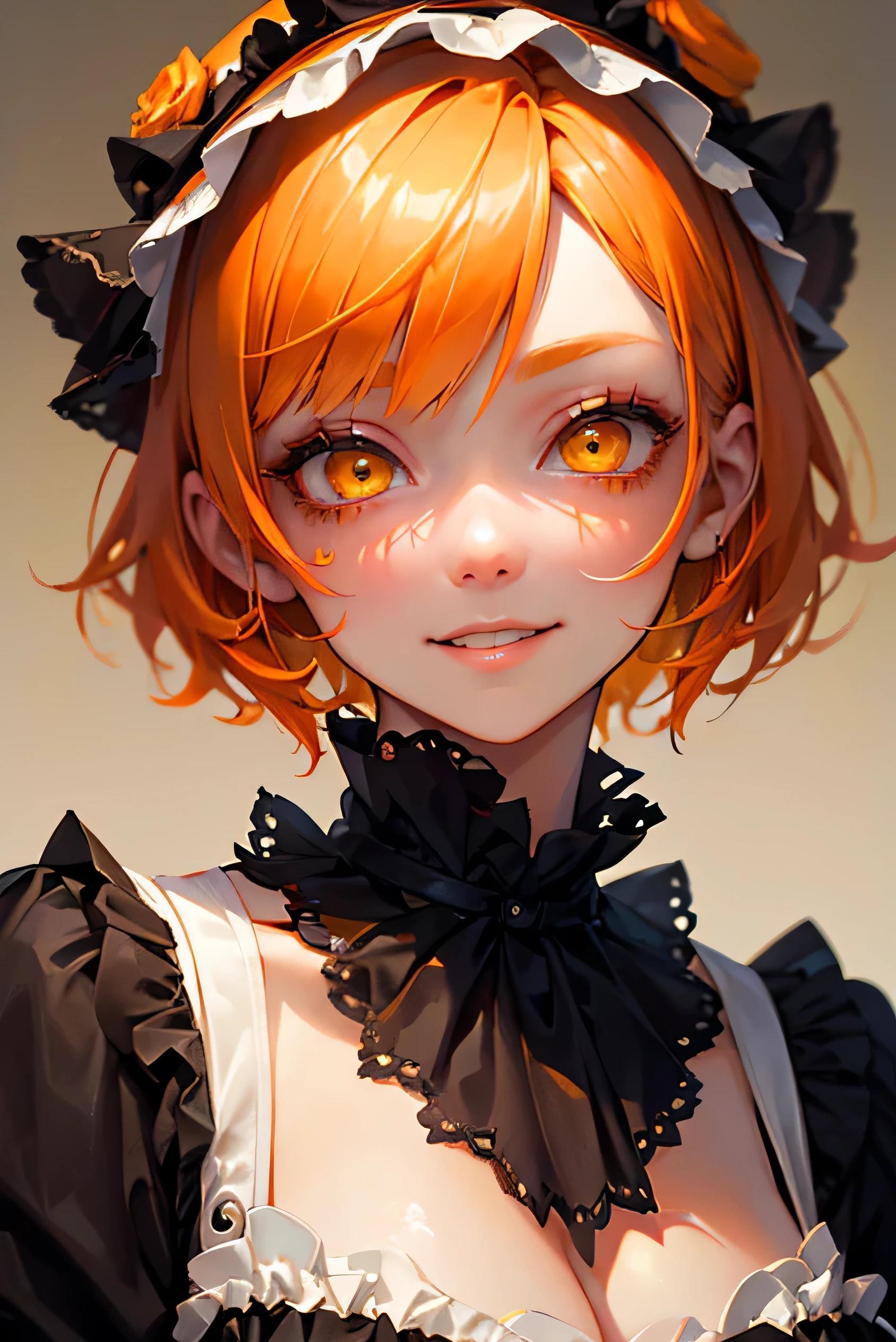 Beautiful adult woman、((Orange short hair))(Yellow Eyes)、(Zombie dressed in Lolita style)、In town、Face close-up、smile、Bakemonogatari
