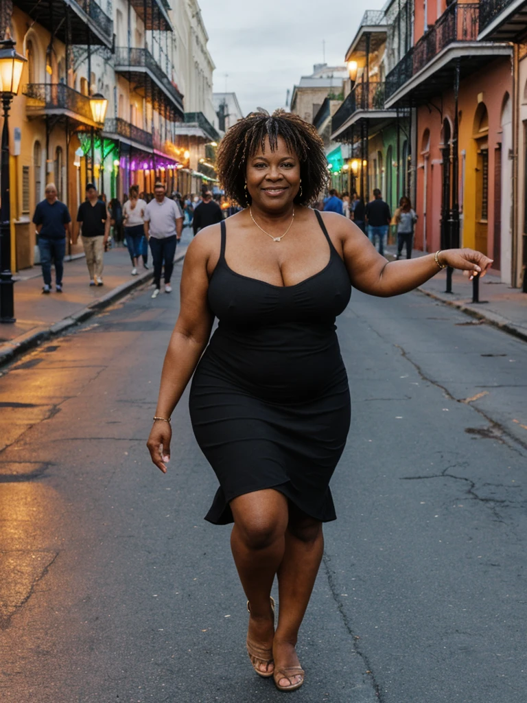 Roxanne Hancock, her name is Shaniqua, high quality, 1 old woman, ((50-year-old pear shaped body black woman)), ((50 years old)), (((pear shaped body 1.9))), ((thick thighs)), ((wrinkled body)), ((((old body)))), ((short curly hair)), (no make up), (she is wearing a colorful party dress), POSE: standing, BACKGROUND: outdoor: On the vibrant streets of New Orleans during Mardi Gras, a kaleidoscope of colors dances under the glow of flickering gas lamps."