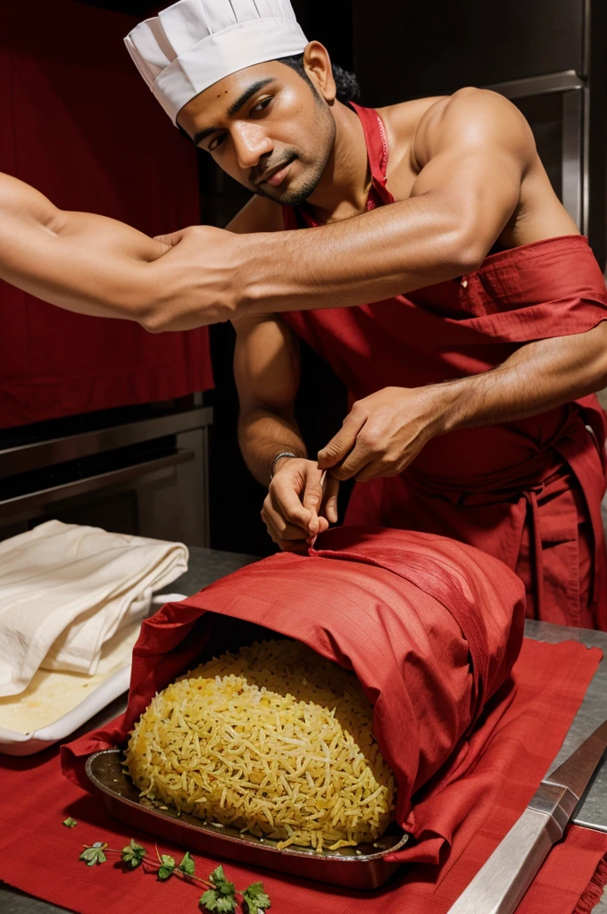 A shot of a chef expertly wrapping biryani with a red cloth, with a title "The Red Cloth Technique: A Chef's Secret to Flawless Biryani"