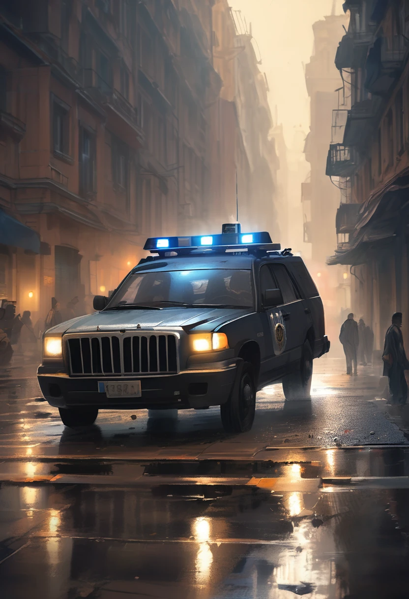 (((a police car with sirens on behind the man))), a man looking at the end of a straight road, , the light of freedom ahead, a man's hands raised in triumph, rainy day, the old city, , a man's feet buried in the mud on the road, masterpiece, best quality, (very 8k unity CG wallpaper details), (best quality), (best illustration ), (best shadows), absurd, realistic lighting, (Abyss), beautiful light details, artwork by PeterMohrBacher,