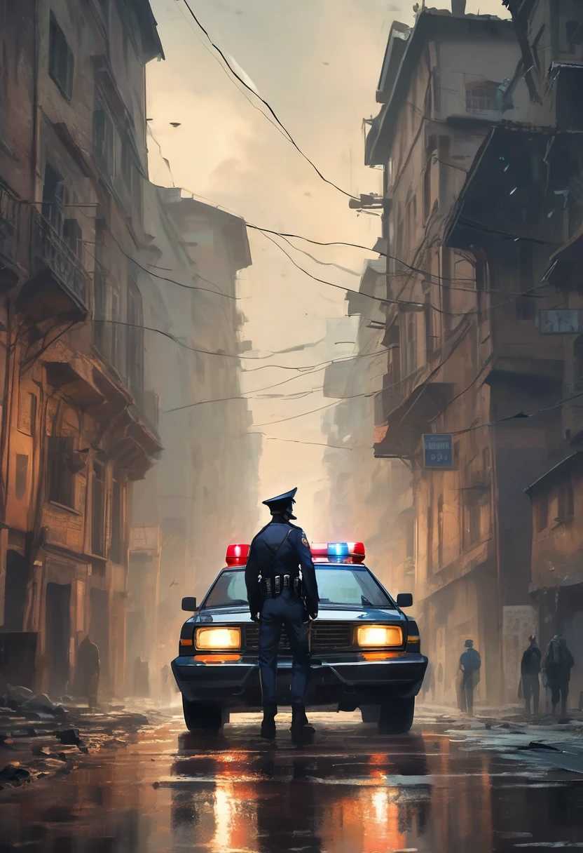 (((a police car with sirens on behind the man))), a man looking at the end of a straight road, , the light of freedom ahead, a man's hands raised in triumph, rainy day, the old city, , a man's feet buried in the mud on the road, masterpiece, best quality, (very 8k unity CG wallpaper details), (best quality), (best illustration ), (best shadows), absurd, realistic lighting, (Abyss), beautiful light details, artwork by PeterMohrBacher,