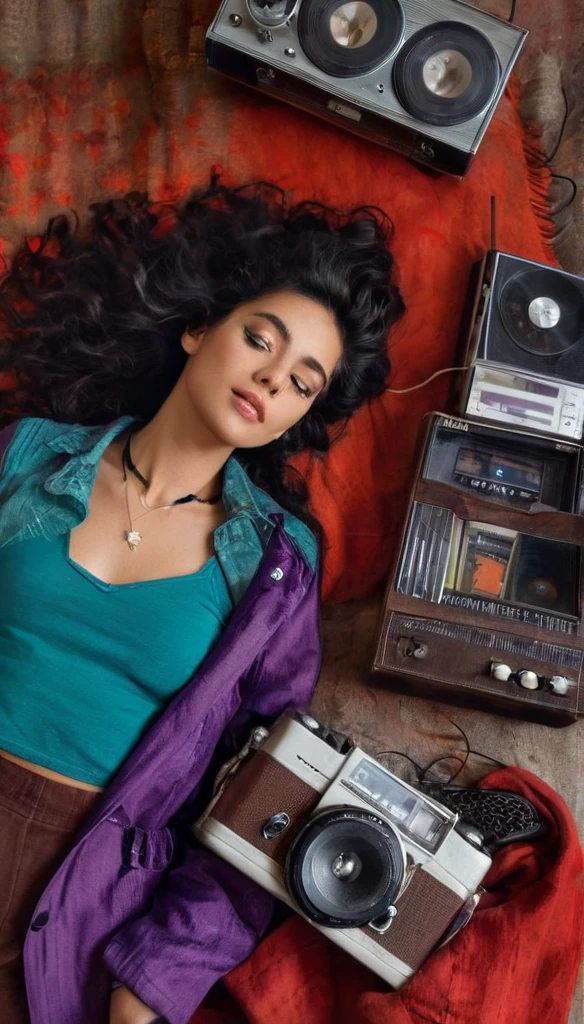 A captivating flat lay photograph of a young, fashionable woman lying on her back, surrounded by a collection of nostalgic items. Her long, curly black hair cascades around her face, and she wears a red jacket with a silver "I <3 NY" t-shirt underneath. She dons wireless headphones and sunglasses, holding a vintage camera with dials and buttons over her chest. A guitar, cassette player, walkman, and vinyl record are dispersed around her, reflecting a blend of old and new. The background features vibrant teal and purple fabrics, creating a cozy, artistic atmosphere. The soft, natural lighting suggests an indoor setting illuminated by daylight., photo