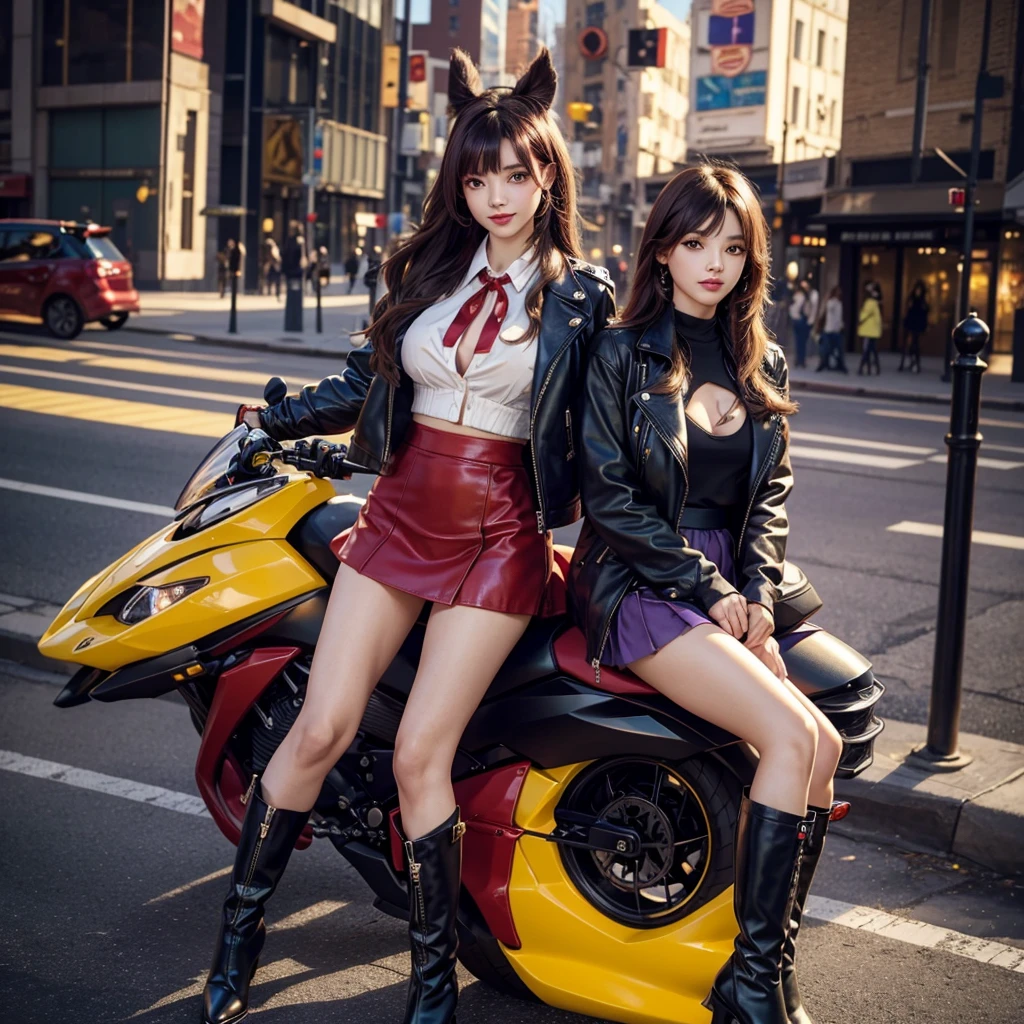 (highest quality:1.3、masterpiece:1.3)、ultra hd、(girl、solo)、atmospheric perspective、detailed face、blue eyes、Red ribbon and ponytail hair、pink lips、shiny skin、line of sight、black mini skirt、riders jacket、bikini bra、D cup bust、thighs、blush、smile、earrings、cleavage、(((motorcycle、motorcycleの横に立つ)))、Low - Angle、background blur