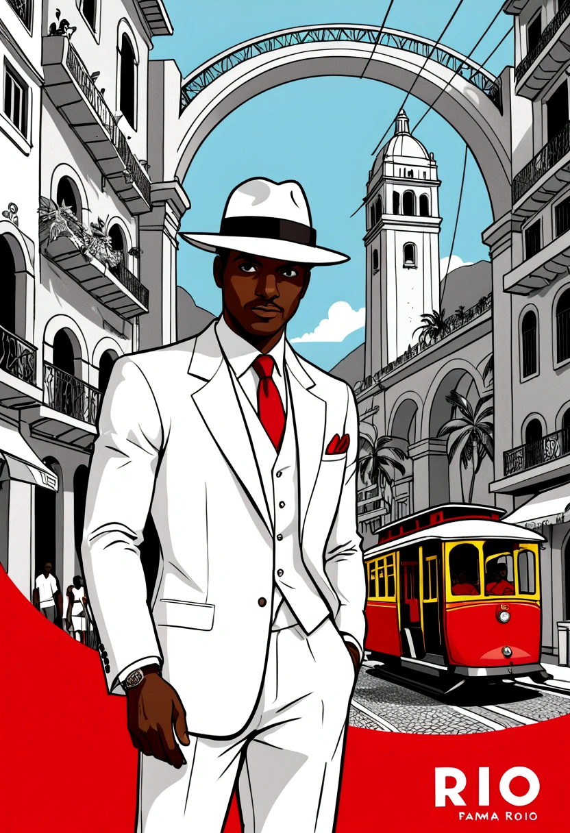 Create a poster image for a retro-themed poster. The art of sketches, red pen doodles should have a textured background with vibrant colors and a drawing of a black man in a white suit and stylish red tie with a panama hat. Add retro graphic elements from images of Rio de Janeiro such as the lapa arches, cable car, sugar loaf that are tourist attractions in Rio de Janeiro to complement the design.
