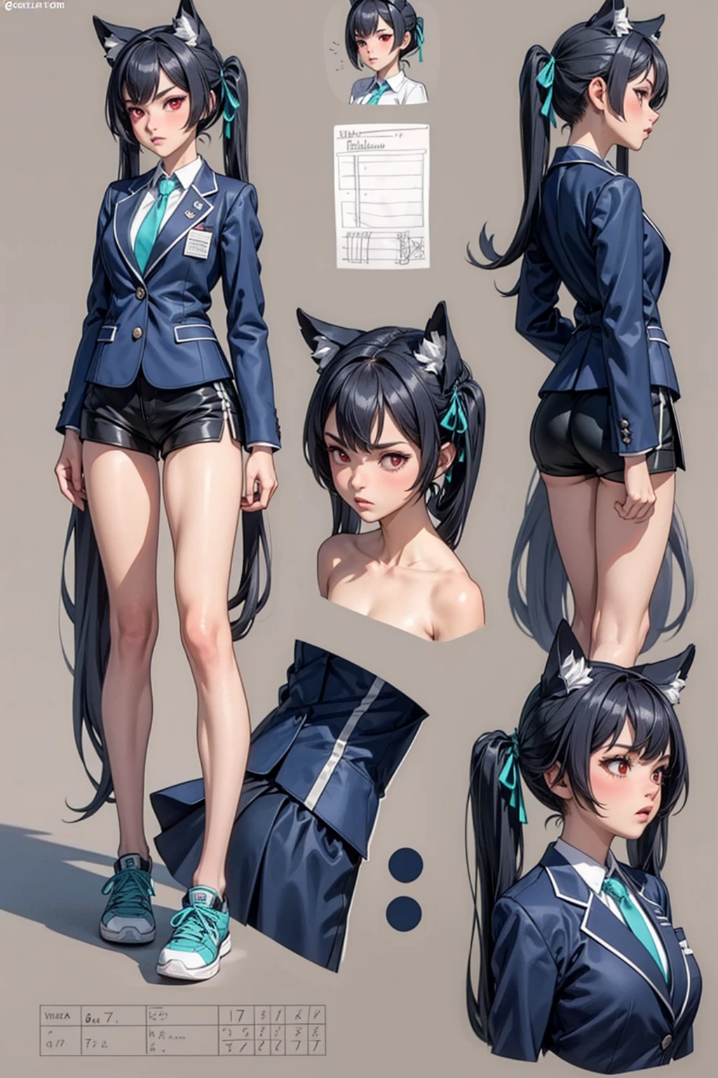 girl, alone, whole body, From head to toe, Are standing, (Huge_chest:1.3), Beautiful body, Perfect body, Nice body,

((Character design sheet:1.7, Character Reference Sheet:1.7,)),

Vaselika, Twin tails, Long Hair, Hair Ribbon, Red eyes, Collared shirt, Blue tie, blazer, Checked skirt, Bike Shorts, Shorts under the skirt, sneakers