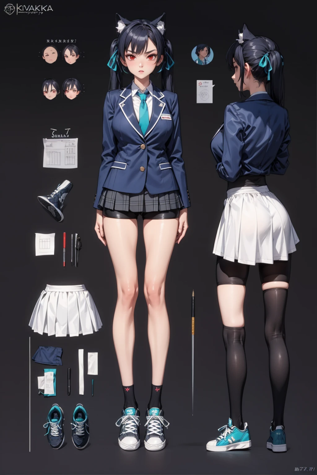 girl, alone, whole body, From head to toe, Are standing, (Huge_chest:1.3), Beautiful body, Perfect body, Nice body,

((Character design sheet:1.7, Character Reference Sheet:1.7,)),

Vaselika, Twin tails, Long Hair, Hair Ribbon, Red eyes, Collared shirt, Blue tie, blazer, Checked skirt, Bike Shorts, Shorts under the skirt, sneakers