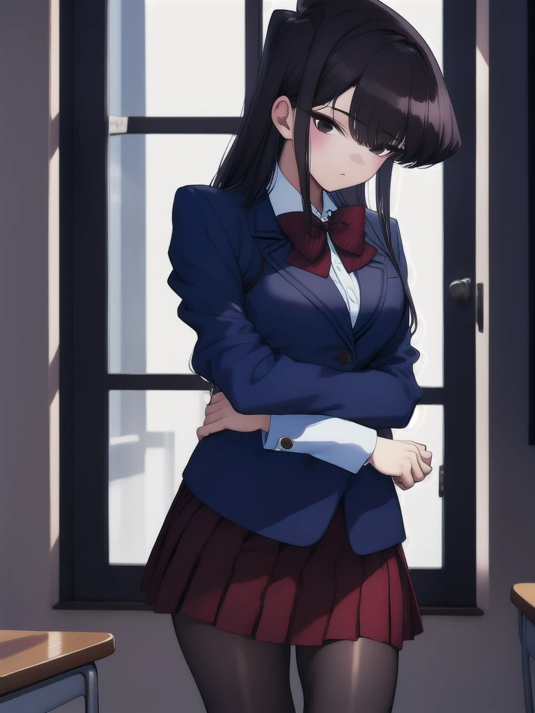 1girl, cowboy shot, classroom,
komi_shouko, black eyes, black hair, long hair, , red bowtie, jacket, blazer, long sleeves, striped, pleated skirt, red skirt, black pantyhose, best quality, masterpiece, highres,