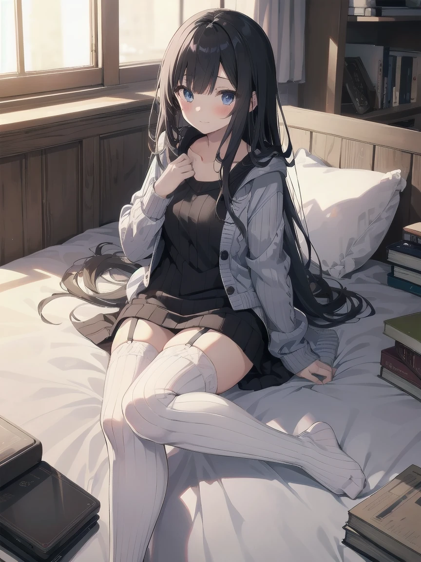 1girl, solo, long hair, looking at viewer, blush, bangs, blue eyes, long sleeves, bow, sitting, closed mouth, collarbone, jacket, hair bow, grey hair, thighs, frills, open clothes, indoors, hood, legs, book, bare legs, window, bed, on bed, stuffed toy, pink bow, blue jacket, pajamas, slippers, bedroom, izumi sagiri, anime, black eyes, long black hair with square bangs, very long black hair, super long black hair, skirt and stockings, ((black thigh highs)), ((garter)), adult, hourglass figure, nerdy, bed, books, PC desktop, laptop, (happy), (((ribbed white sweater)))