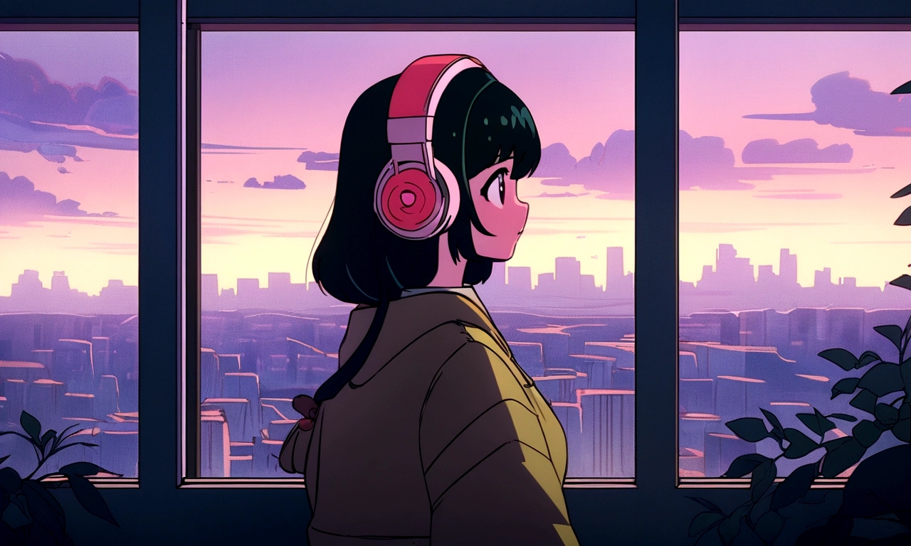 Anime girl wearing headphones looking out the window at the city, Lo-fi Girl, Anime atmosphere, Lofi Artstyle, Anime Style 4k, Anime Aesthetics, Nightcore, Lo-fi feeling, Lofi Art, anime art wallpaper 4k, anime art wallpaper 4k, anime wallpaper 4k, anime wallpaper 4k, An atmosphere of praise, Kaisei and Artgelm