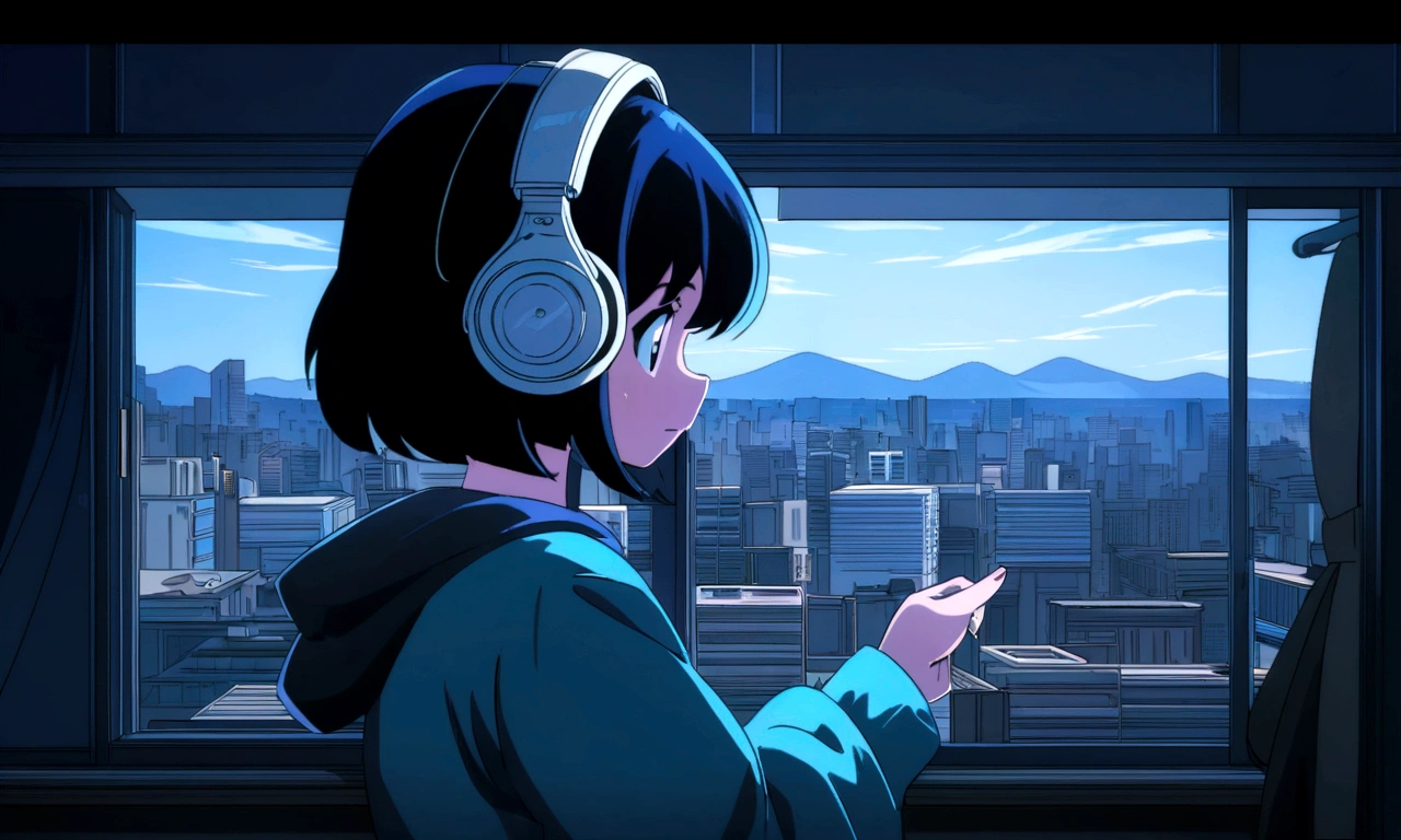 Anime girl wearing headphones looking out the window at the city, Lo-fi Girl, Anime atmosphere, Lofi Artstyle, Anime Style 4k, Anime Aesthetics, Nightcore, Lo-fi feeling, Lofi Art, anime art wallpaper 4k, anime art wallpaper 4k, anime wallpaper 4k, anime wallpaper 4k, An atmosphere of praise, Kaisei and Artgelm
