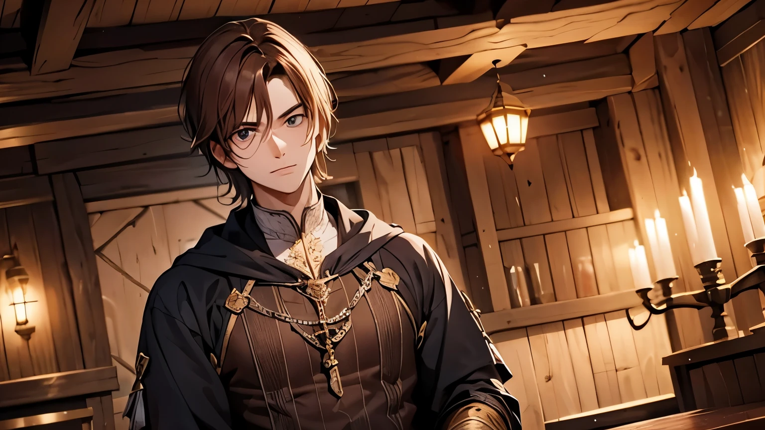 Very high quality, medieval tavern style, simply handsome, pensive hero