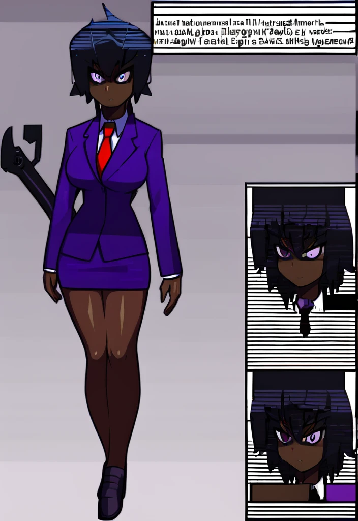 Make a evil military black anime woman in a purple skirt suit witha tie on full body