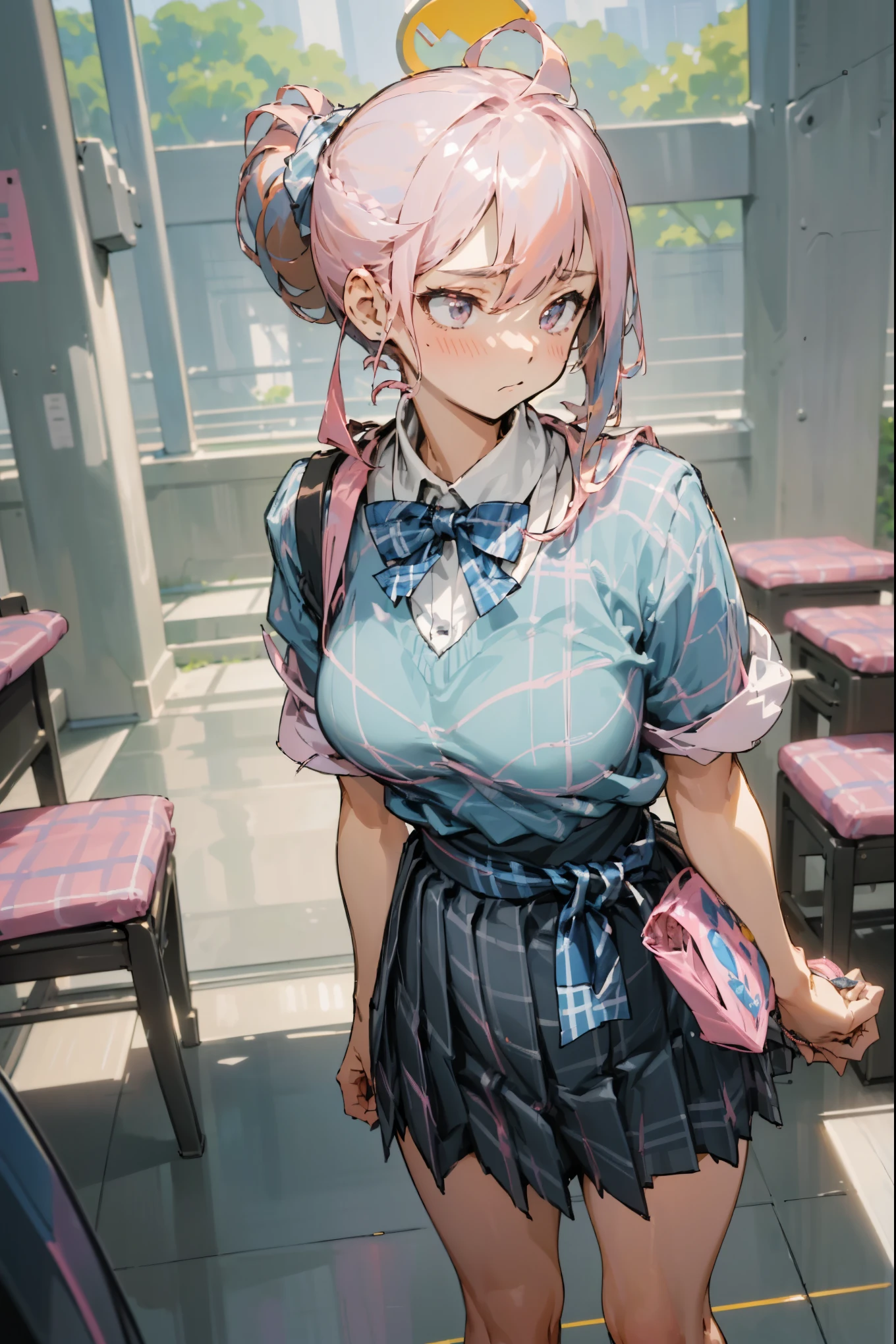 (masterpiece:1.2, best quality), (Practical, photoPractical:1.4), Fine quality illustrations,
Looking at the audience, whole body, Front view:0.6,
1 girl, Japanese, high School girl, ((Pompadour style:1.7, Pink Hair:1.3)), Blow dry hair, Bangs, Hair between the eyes, Medium breasts:1.8,
Beautiful hair, Beautiful and delicate eyes, Beautiful clavicle, Beautiful breasts, Beautiful thighs, Beautiful Feet, Beautiful fingers,
(Beautiful scenery), , School,
((Short-sleeved shirt with collar, White shirt, , Grey plaid pleated skirt, Blue plaid bow tie, Necklace)), White,
(Standing, Grab the hem of your skirt, 把Hand on胸前, Hand on, Lean forward),
blush