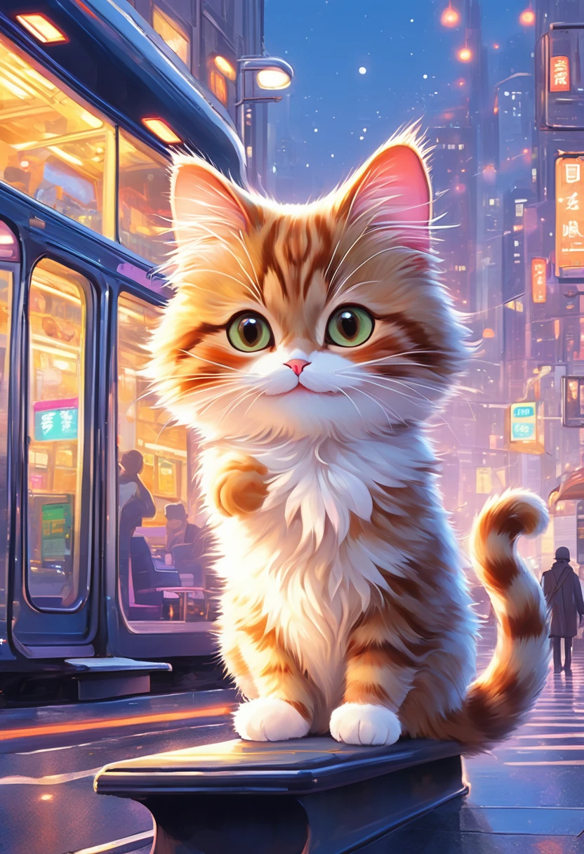 Anthropomorphic Cat,with small steps,bus stop,View Schedule,Lovely,Fluffy fur,masterpiece,Rich colors,best quality,Official Art,fantasy,rich and colorful,Happy,Smile,最高にLovely猫,Furry cat,Expectations,happiness,Beautiful background,Stylish city views,Fun outing,Interesting waiting time,shiny,Beautiful light and shadow,