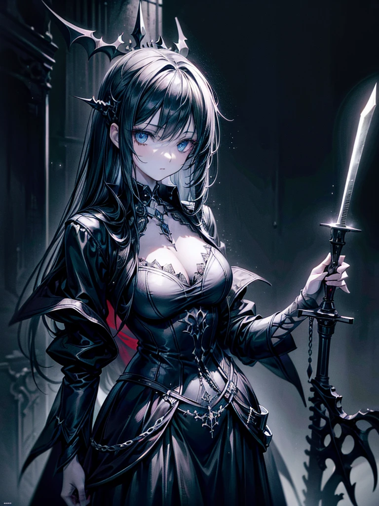 (a girl with) Aura-like gothic lighting, realistic Gothic-style artwork, detailed skeleton impaling itself with a sword in the neck, dark atmospheric background, high-res masterpiece:1.2, ultra-fine painting, professional, vivid colors