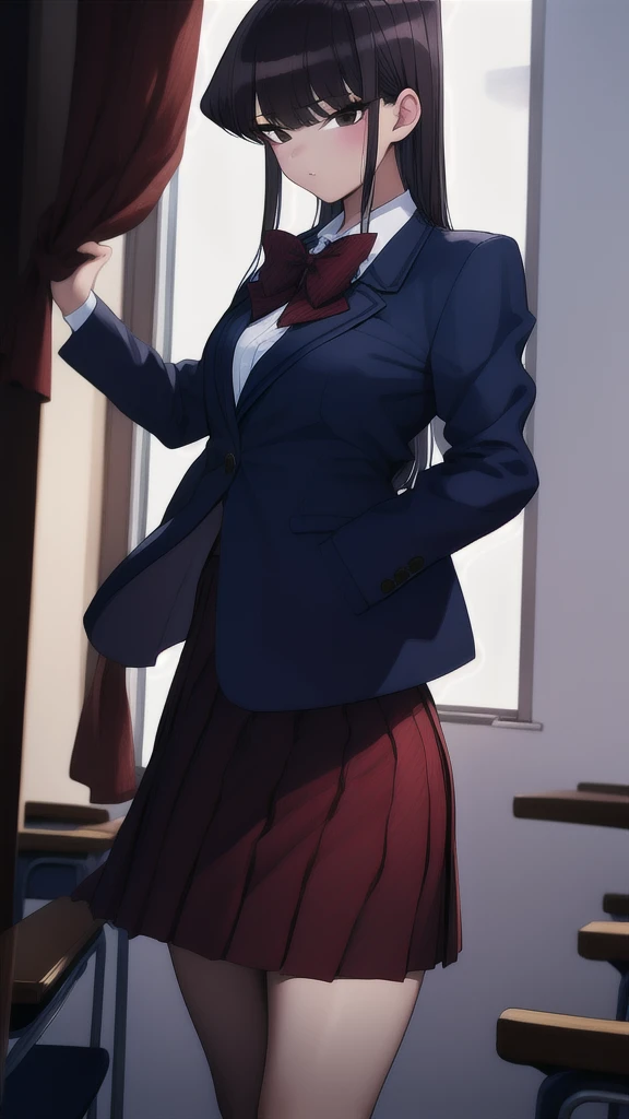 1girl, cowboy shot, classroom,
komi_shouko, black eyes, black hair, long hair, , red bowtie, jacket, blazer, long sleeves, striped, pleated skirt, red skirt, black pantyhose, best quality, masterpiece, highres,