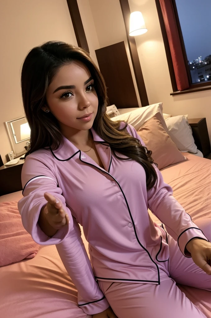 Danna Paola lying in her bed taking a selfie at night, 23 years, latina, mexican, apartment, ((Best Quality)) pajamas long sleeve polo pants normal tits