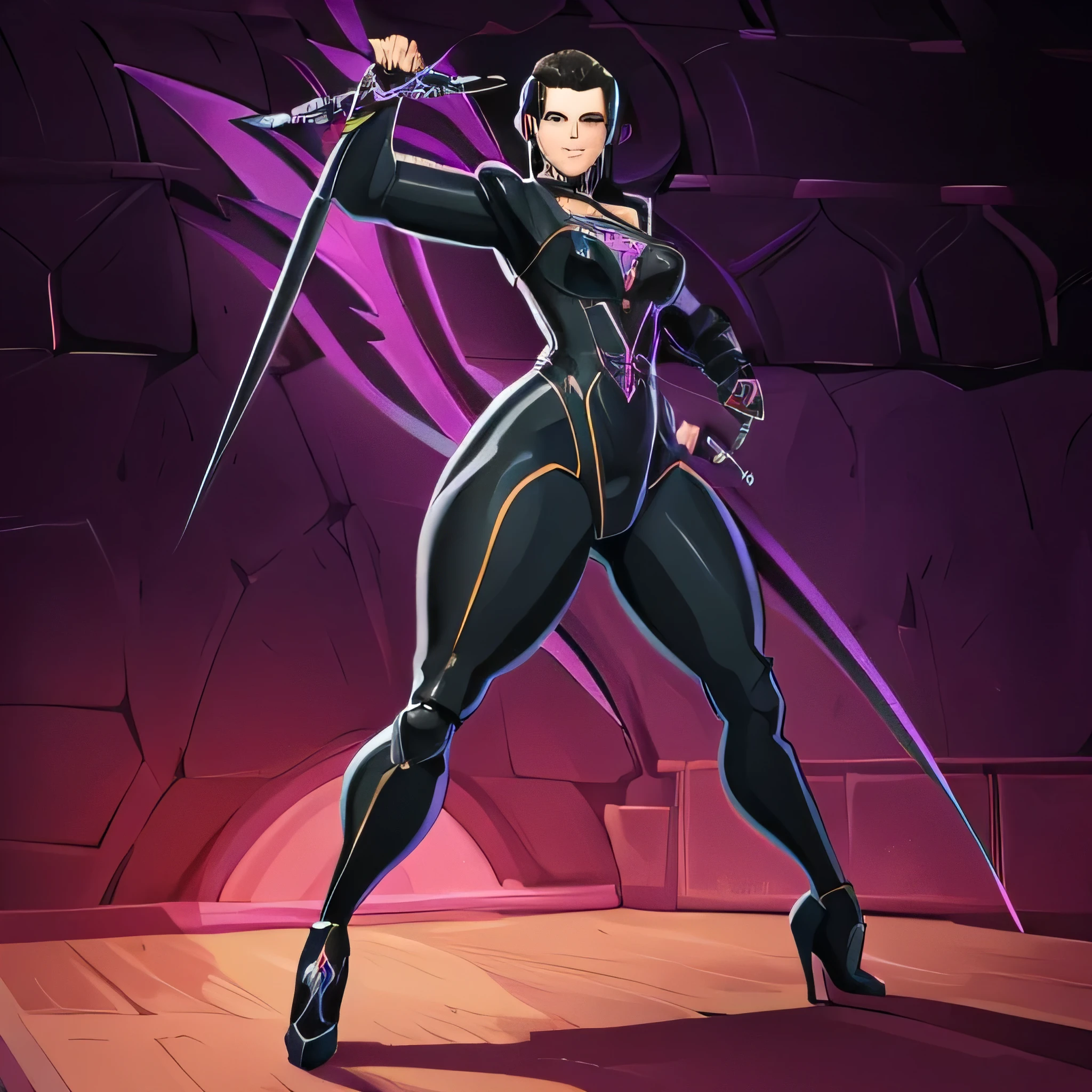 a drawing of a woman in a costume with a whip and a sign, concept art by Altichiero, trending on deviantart, sexy pudica pose gesture, holding a whip, dominatrix assassin robot, sinister pose, pinup. lord of daggers, evil pose, expressing joy. by krenz cushart, evil posed