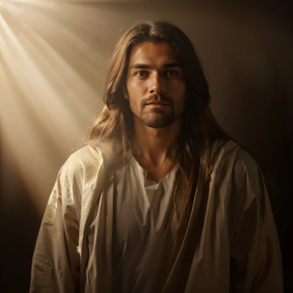 Jesus in the light of the cross, JesusChrist, portrait of JesusChrist, dressed like JesusChrist, Jesus of Nazareth, the lord and savior, jesus, jesus face, greg olsen, Young God Almighty, god looking at me, Holy Light, handsome man, holy holy rays of light, godlight, he is greeting you warmly, majestic light, brilliant light masterpiece