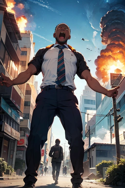 African man screaming in fear because a city is exploding behind him