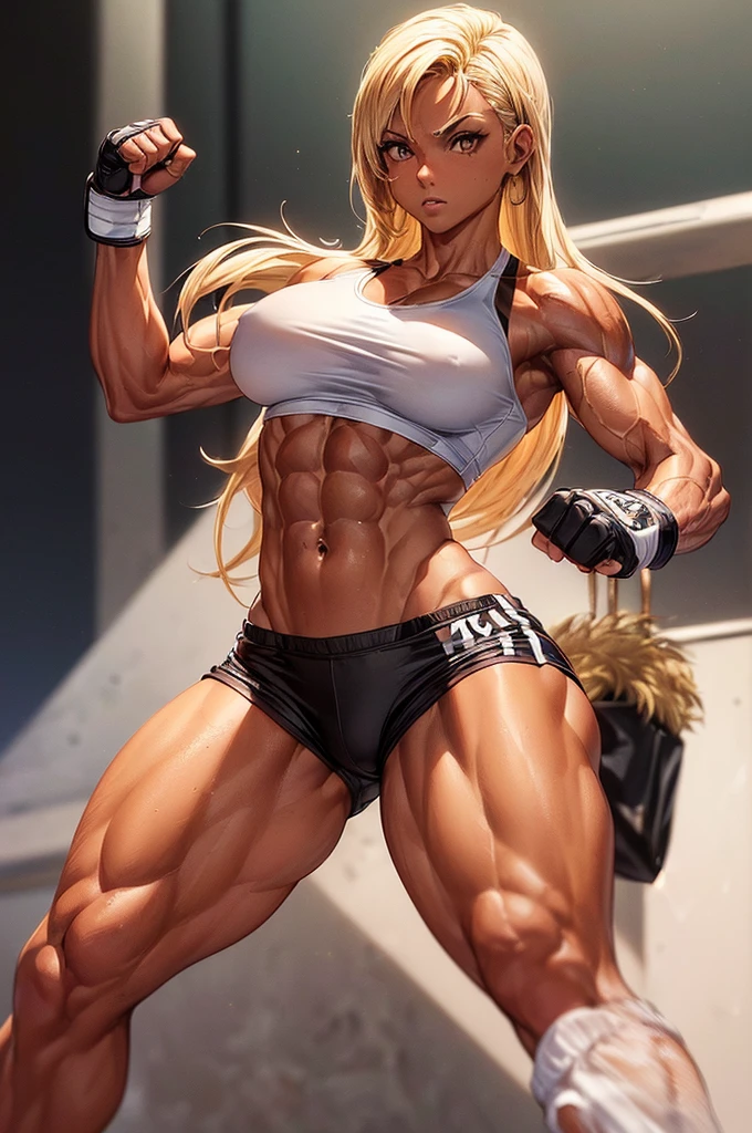 ((1 female, tanned skin, fit build, muscular arms, boxing tape, MMA, blonde hair, brown eyes, dominant look, muscular legs, wearing white tank top and black shorts, 23 years old, high quality, detailed face))