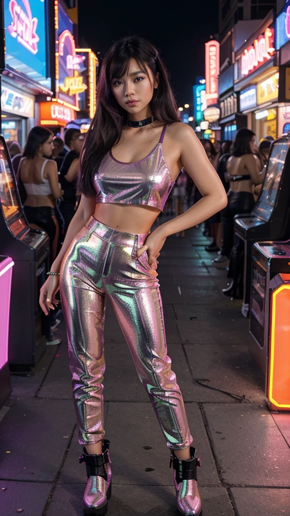 “Create an HD Ultra Realistic image of Young Attractive Asian Woman Sophie Tan in a Y2K-inspired fashion editorial. Sophie is dressed in a metallic purple crop top with cut-out details and matching pleather pants, accessorized with chunky platform boots and a neon green fanny pack. The background is a bustling retro video game arcade with colorful neon signs and vintage game machines. Use a professional camera with a 70mm lens to capture Sophie’s confident pose and the reflective quality of her outfit (1.3). The arcade setting should be blurred to ensure Sophie stands out, with post-production enhancing the neon lights, adding a shimmering overlay, and using a vibrant color filter for a true Y2K editorial look (1.4).”