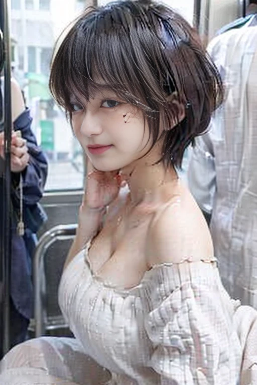 8k, photo and gross, (very detailed skin: 1.2), (side view): 1.5), ((Cute girl in white off-shoulder shirt on a crowded train)), a masterpiece, premium, crowded background,dark wagon, 1 girl with blue eyes and beautiful light blonde hair., Beautiful caucasian woman with big ass, Full breasts and clear skin.,  sitting wagon,crossed legs, ((big and full breasts :1.4)), (((very soft breasts)), young man looks at camera, Very detailed face, detailed eyes, big captivating smile, blushing,in a crowded train station, ((a closeup)), ((whole body)),realistic girl,