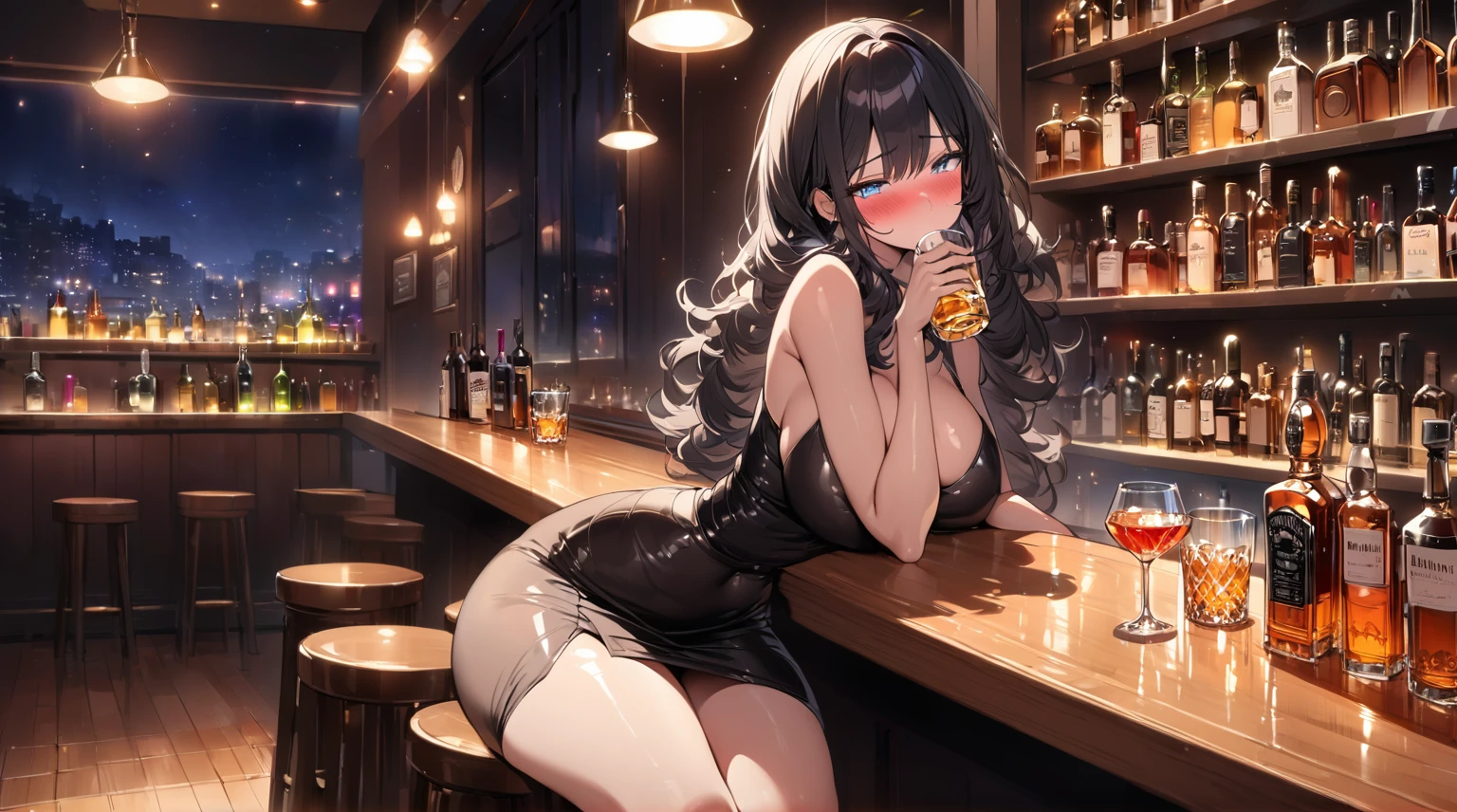 best quality, 4K, high resolution, masterpiece:1.2, Extremely detailed），Sad expression looking at the camera，Large Breasts,30 years old girl,独奏,black hair,long hair,blue eyes,(drunk,blush),sitting,drinking,((Mature sexy body))，Black stockings，Black tight skirt, Mature sexy body,holding mug,counter,pub,(Fashion bar) indoors, ((Cocktail Glass) Full of colorful wine), (dimly light room), Wine Bottle, Detailed background，Fluffy hair，((((Night scene background))))), (((at the bar))), wine, whiskey, High ball,(Shiny and glowing, Effect:1.2)