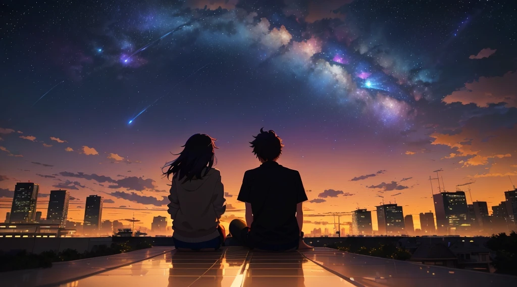 Couple sitting on the roof and looking at the city skyline, Makoto Shinkai Cyril Rolland, Watching the sunset. anime, Space Sky. by Makoto Shinkai, 4k anime wallpaper, Guweiz and Makoto Shinkai, anime art wallpaper 4 k, anime art wallpaper 4k, anime wallpaper 4 k, anime wallpaper 4k